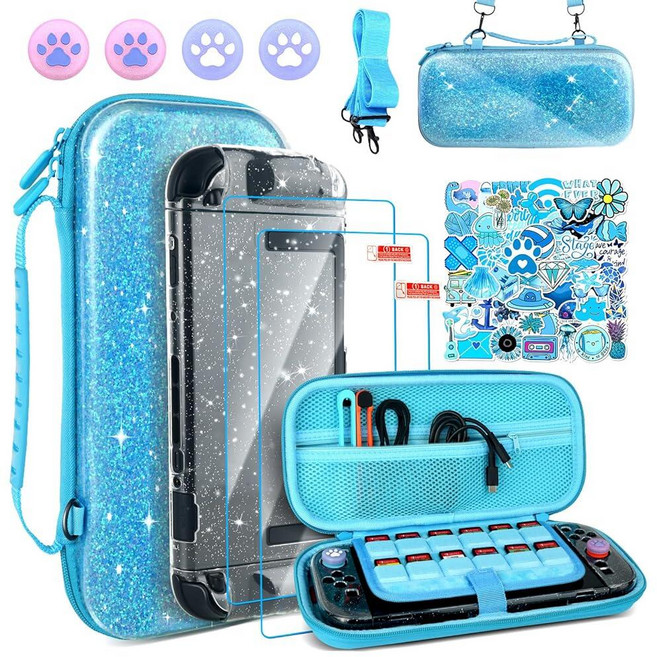 TIKOdirect Accessories Bundle for Nintendo Switch 2 Glitter Carrying Case with 12 Game Card Slots, Blue