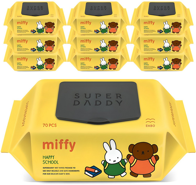 슈퍼대디 유아용 미피 해피스쿨 물티슈 엠보싱 캡형, 70g, 70매, 10개