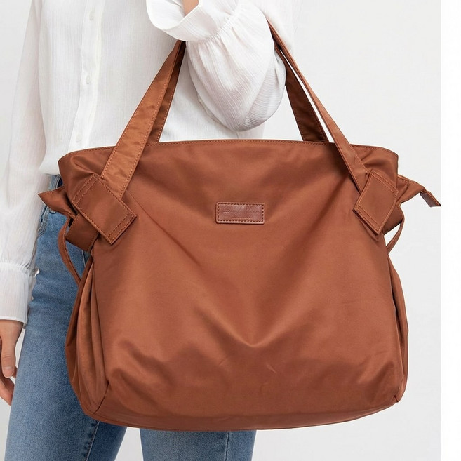 키덕키덕 원형 접이식 대용량 장바구니 여행용 스트링 쇼핑백, 1개, 브라운