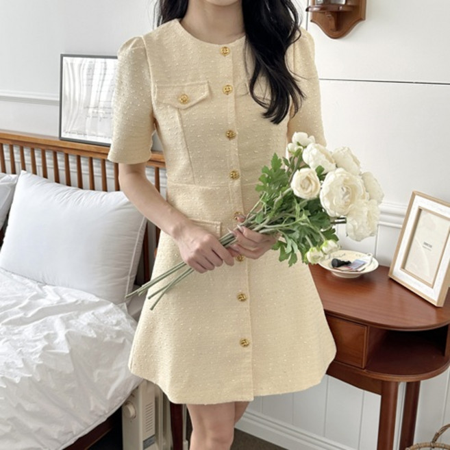 바하 여름 트위드 미니 원피스 하객룩 반팔 라운드넥 키작녀 정장 피로연 결혼식 상견례 원피스 아이보리 블랙 옐로우