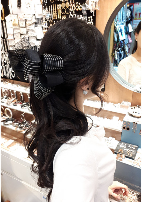 메쉬 스트라이프랑 단색 믹스 볼륨 왕리본 헤어핀
