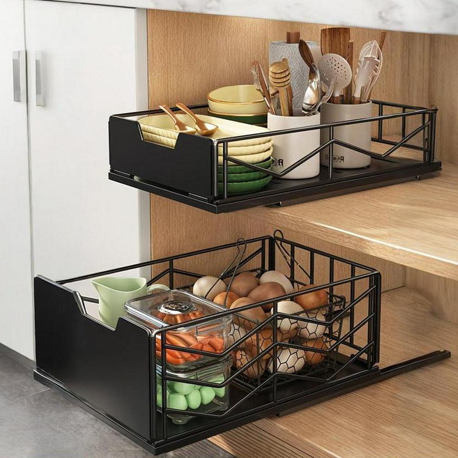LA DERIVE 무타공 슬라이딩 서랍형 하부장 수납 선반 접시꽂이 양념통 정리대 레일선반 주방 선반 서랍식 수납장 찬장 슬라이딩선반 양념통선반 수납정리선반, 블랙
