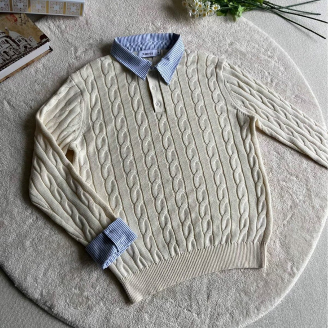 ANYOU 남자 니트 긴팔 레이어드 스타일 카디건 카라 상의 맨투맨 패션 페이크 투피스