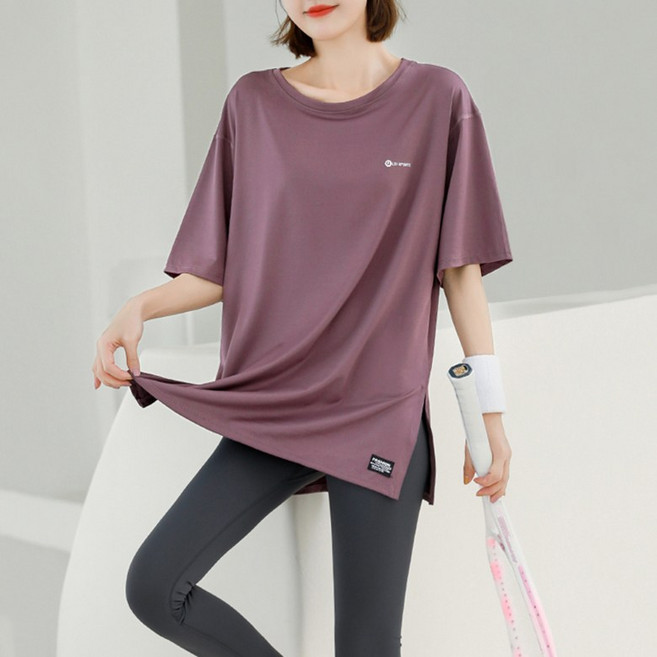 POMTOR 여성 빅 사이즈 여름 반팔티 트레이닝 티셔츠 루즈핏 헬스복 필라테스복 요가복