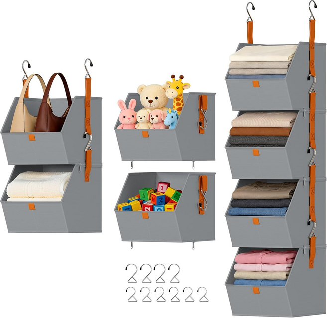 4단 행잉 오거나이저 분리 가능한 옷장 수납 상자 자유 조합이 가능한 의류 수납 상자 다기능 천질 수납 바구니, 1개, 회색