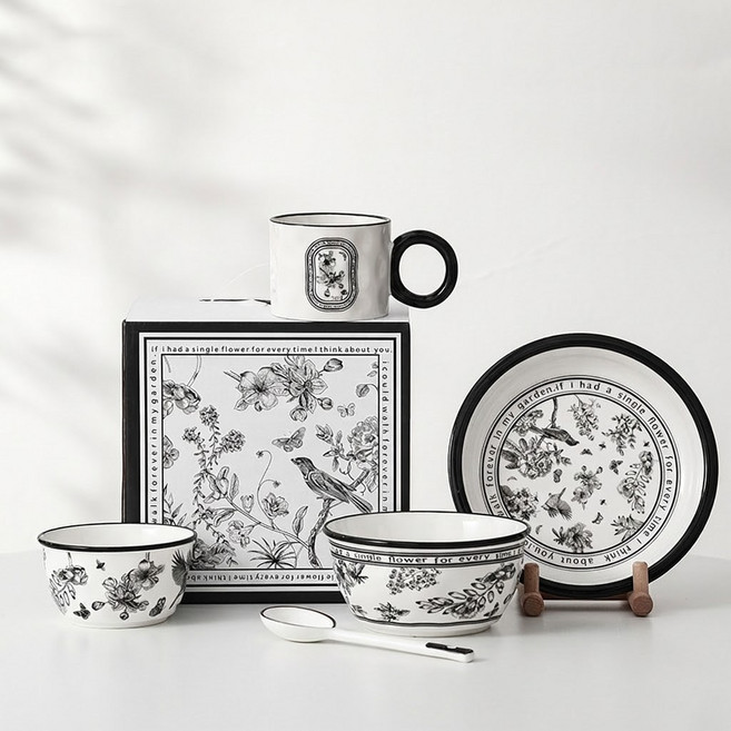 메블르 가든 1인 식기 도자기 선물세트 공기 (1P)+대접 (1P)+접시 (1P)+머그컵 (1P)+숟가락 (1P)+선물박스 포장, 1세트, 1인 식기 5P