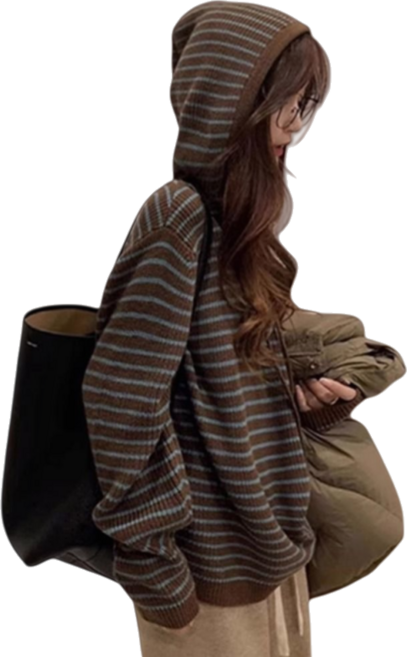 Makone 여성 봄 가을 루즈핏 티셔츠 스트라이프 캐주얼 니트