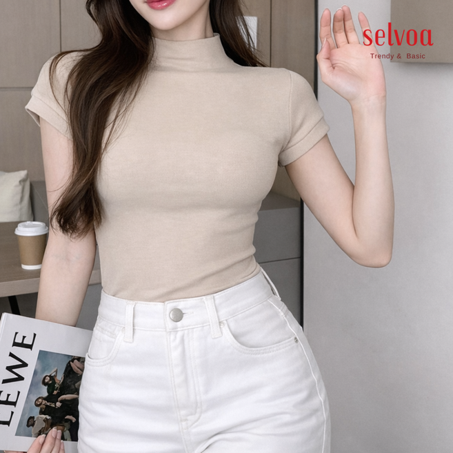 여성용 여리핏 캡소매 반폴라 니트 티셔츠 슬림핏 하프넥 이너 팔뚝커버