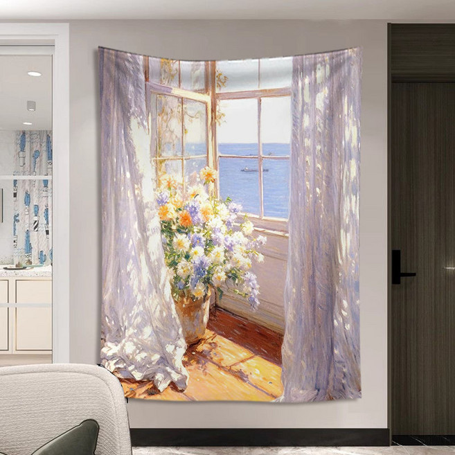 臥室背景布 印象派油畫豎版掛布 房間裝飾遮醜布 床頭裝飾布, 印象派 豎版05,高1米寬0.7米送安裝包