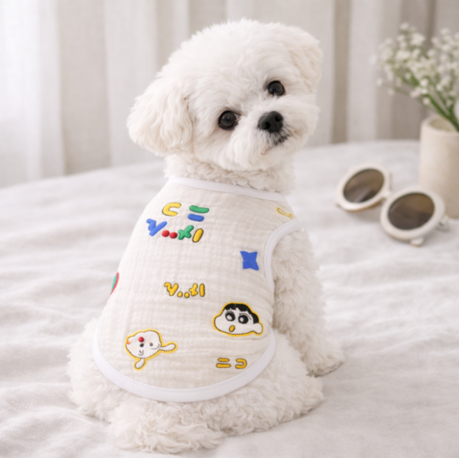 펫누아 강아지 옷 캐릭터 얼굴 티셔츠 귀여운 애견 여름 의류 소형견 중형견, 1개, 화이트