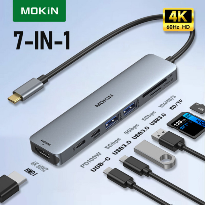 모킨 USB C 허브 PD100W 도킹 스테이션 4K 60Hz 타입 C to HDMI DP 3 USB 3.1 기가비트 이더넷 맥북 프로 에어 M2 M1 허브, [04] 7 in 1(HDMI