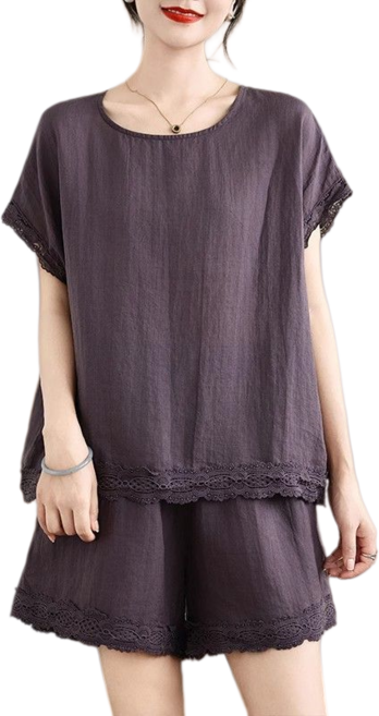 Makone 여성 린넨 캐주얼 상하의 세트 상의 소매 레이스패치 루즈핏 반팔 반바지 투피스 데일리룩