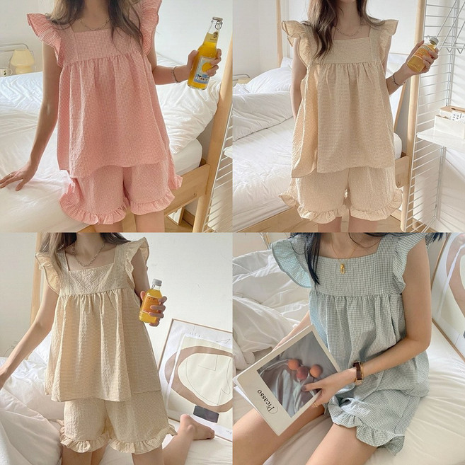 여름 여성 민소매 반바지 체크 잠옷 세트