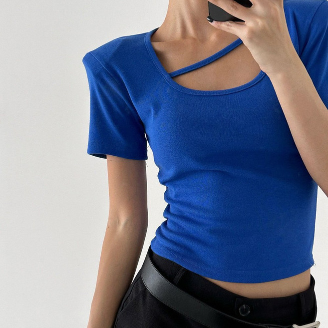 샤벳 어깨패드 사선초커 슬림핏 반팔 크롭티