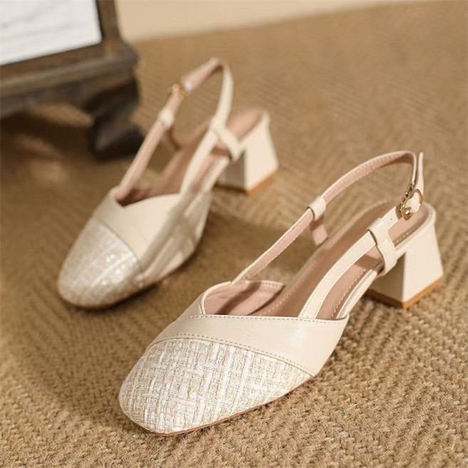 SAHINER 여성 여름 트위드 슬링백 로우힐 세미 오픈 데일리 슈즈 BLX18