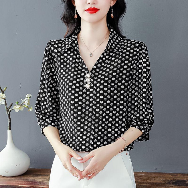 중년 여성 여름 반팔 쉬폰 티셔츠 캐주얼 엄마 셔츠 기질 슬림핏 냉감 칠부 소매 도트 블라우스 상의 LJX