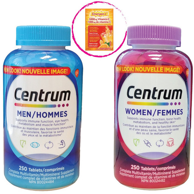 [Centrum]캐나다 센트룸 맨&우먼 고급형 멀티/종합비타민 250정-2병+이머전씨 발포비타민 1포 증정!(캐나다에서 배송합니다~), 1.2kg, 2개