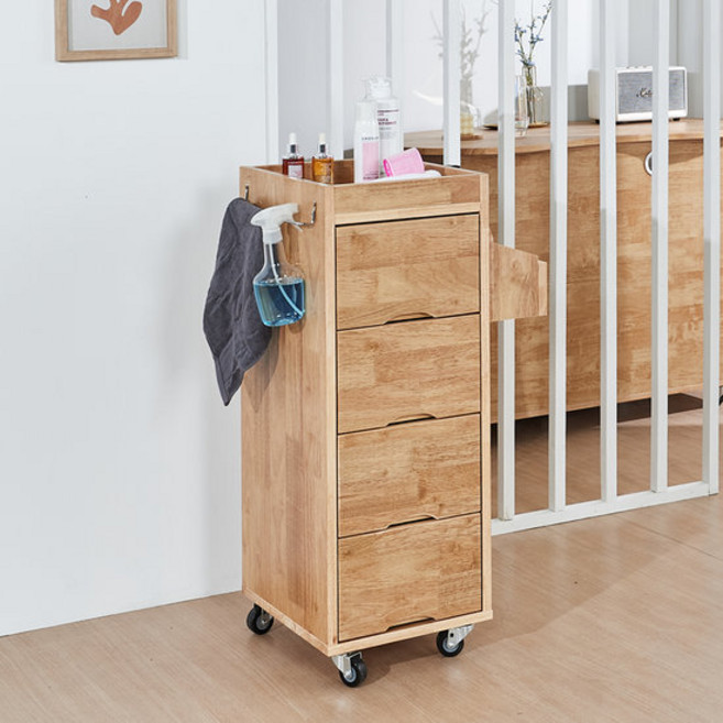 아리스타 원목 이동식 서랍 트롤리 미용 트레이, 4단, 내추럴