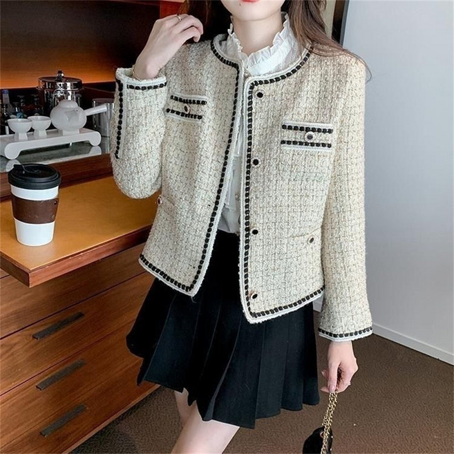 TKX 트위드자켓 여성 봄 가을 짧은 재킷 소프트 트위드 스타일 세련된 라운드넥 K51