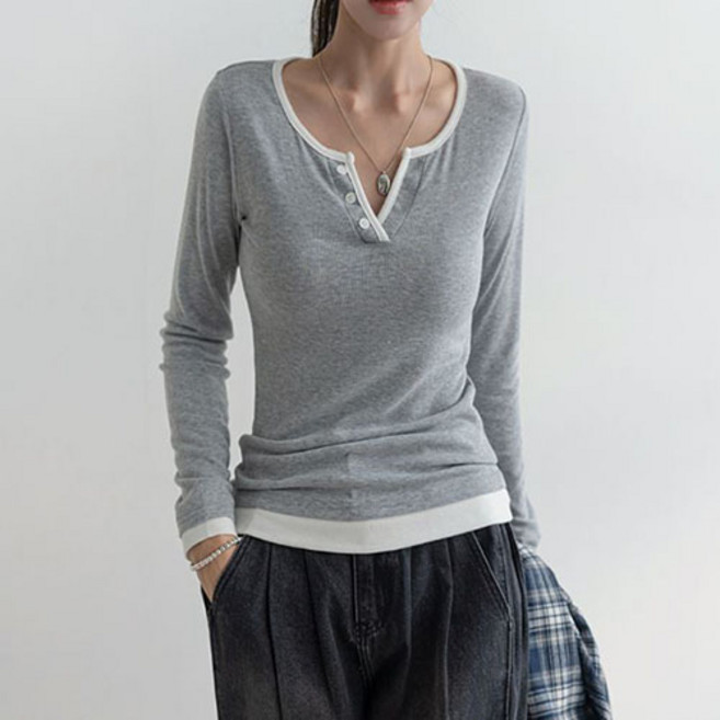 [나크21] (55~88) 여성용 스판 쫀쫀 슬림핏 레이어드 데일리 이너티 배색 슬림 긴팔티 KO53-T-03