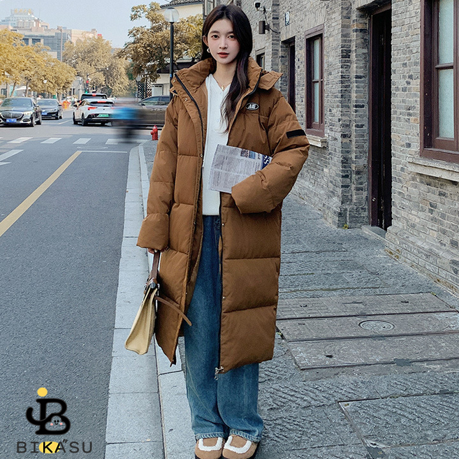 BIKASU 여성 후드 오버핏 롱 패딩 고급 패션 코트 빅사이즈 패딩 점퍼 도톰 겨울 점퍼