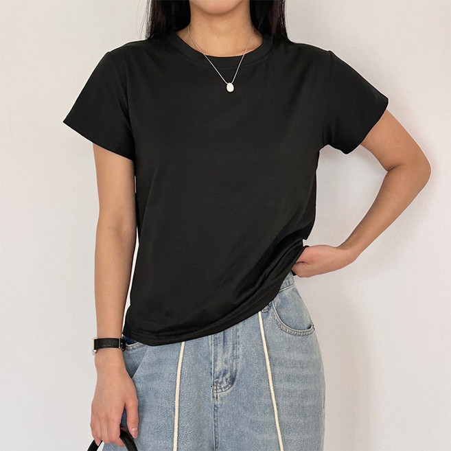 마쿠쿠 라운드넥 기본 면 무지 여성 반팔 크롭티 티셔츠 반팔티