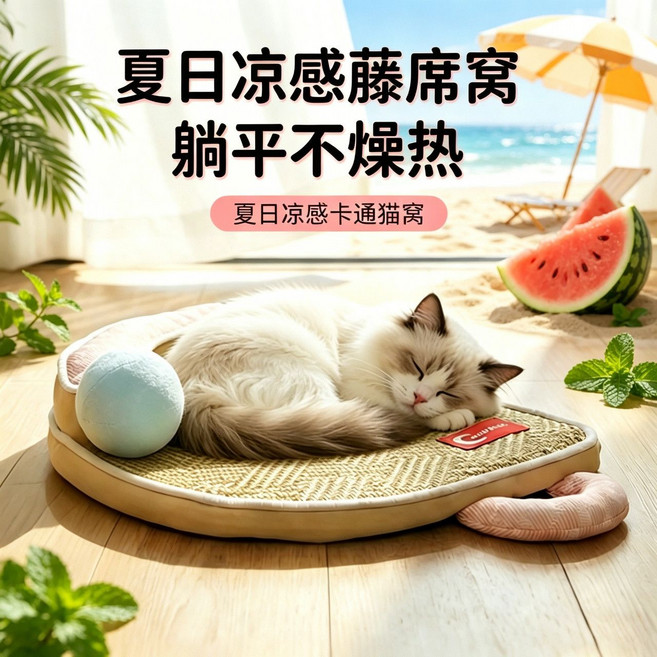 夏季清涼藤編貓窩 躺平不燥熱, 1個, 粉色抱枕+玩具球+涼席+掛鉤便攜寵物窩40*32建議5斤內寵