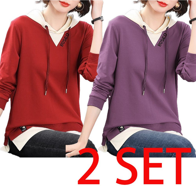 2장묶음 여성 빅사이즈 봄가을절 자수 무지 심플 루즈핏 페이크 투피스 후드맨트맨 HMYYBD21231