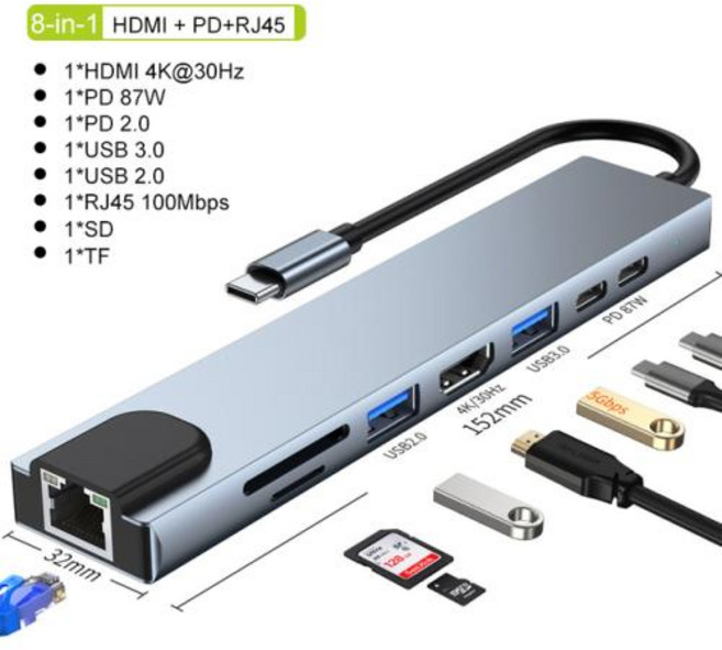 썬더볼트3 도크 맥북에어 2018 5 핀 7-in-1 usb c 분배기 usb 3.1 유형-c HDMI 4K Thunderbolt 3 도킹 스테이션 노트북 어댑터 PD SD TF, 2) 8in1HDMI PD RJ45