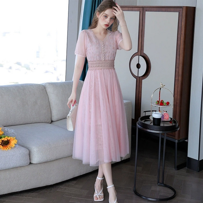 (대여) 슬림라인 베이비핑크 브이넥 쉬폰 원피스 경성