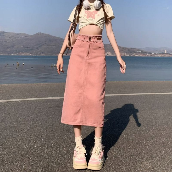 高腰牛仔裙 毛邊牛仔半身裙