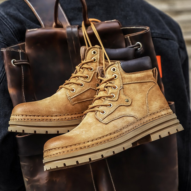 훌룰루 남성용 천연가죽 워커 부츠 통굽 빈티지 발목부츠 하이탑 62341