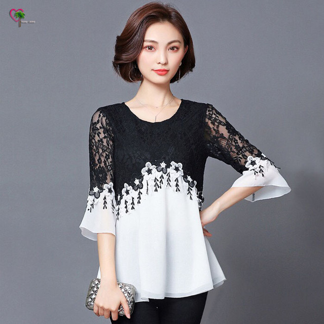 쉬폰 플라워 펀칭 프릴 레이스 7부 블라우스 YJS284