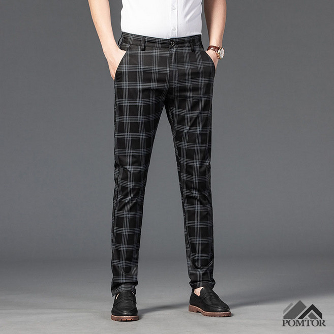 POMTOR 스판 남성 슬림 정장바지 캐주얼 체크 비즈니스 일자팬츠