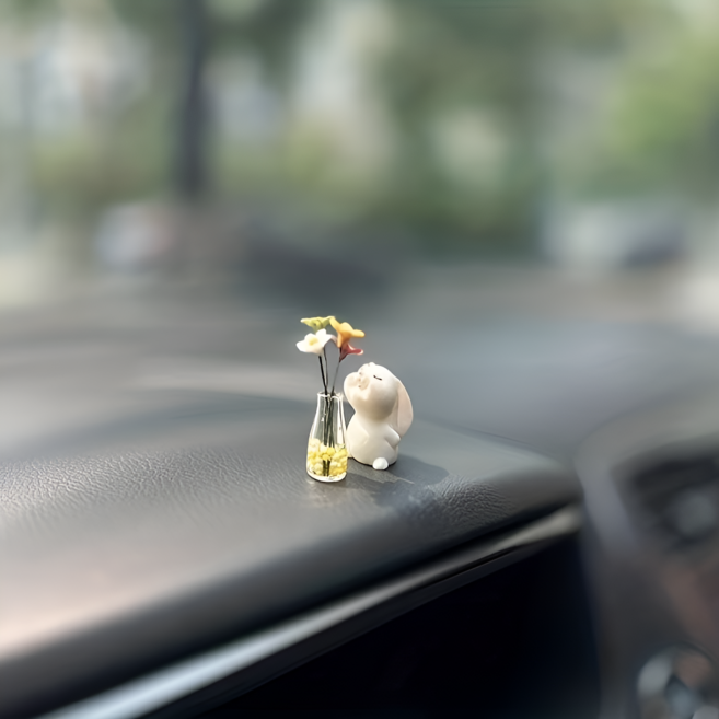 차량용 미니 데이지꽃 향기 맡는 귀여운 토끼 장식품, 화이트토끼+데이지꽃화병