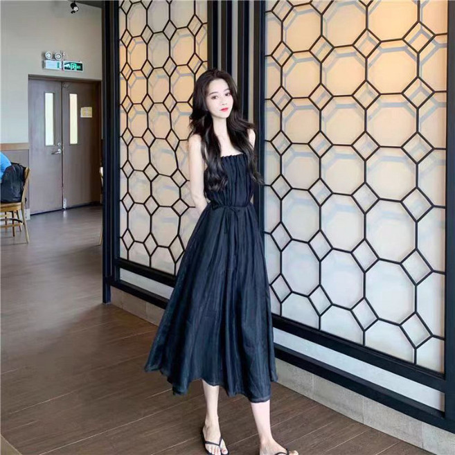 DIU 吊帶長裙仙氣森系新款顯瘦顯高氣質收腰連衣裙子女夏季, S