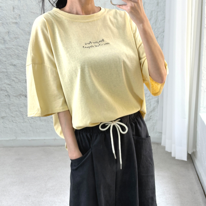 바이일이오 여성 봉쥬르 레터링 프린팅 오버핏 루즈핏 오부 여름 반팔 티셔츠