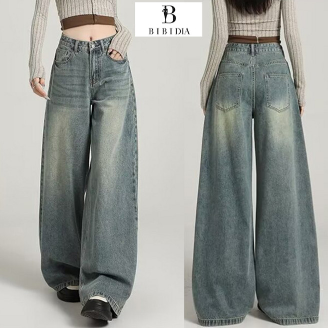 비비디아 여성용 하이웨스트 비조 스냅 캣 워싱 와이드 데님 팬츠 통바지 오버핏 청바지(S~3XL) 5591