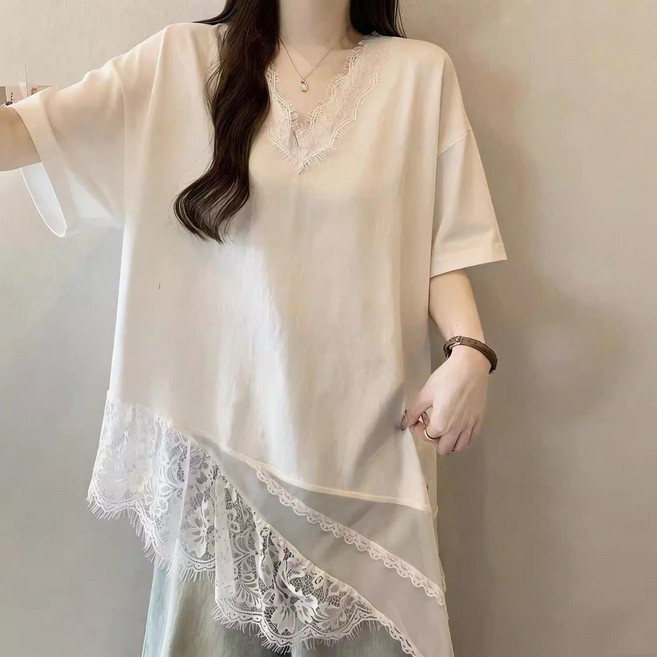 빅사이즈 여성 레이스 언발 반팔티 루즈핏 여름 프릴 브이넥 반팔 티셔츠