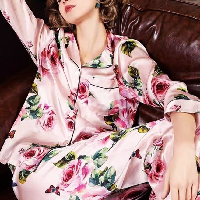 Skyciky 여성 잠옷 홈웨어 세트 봄가을 긴팔 고급스러운 실크 느낌 부드러운 원단 잎사귀 로즈 패턴 파자마 집에서 입는 옷 MF1003