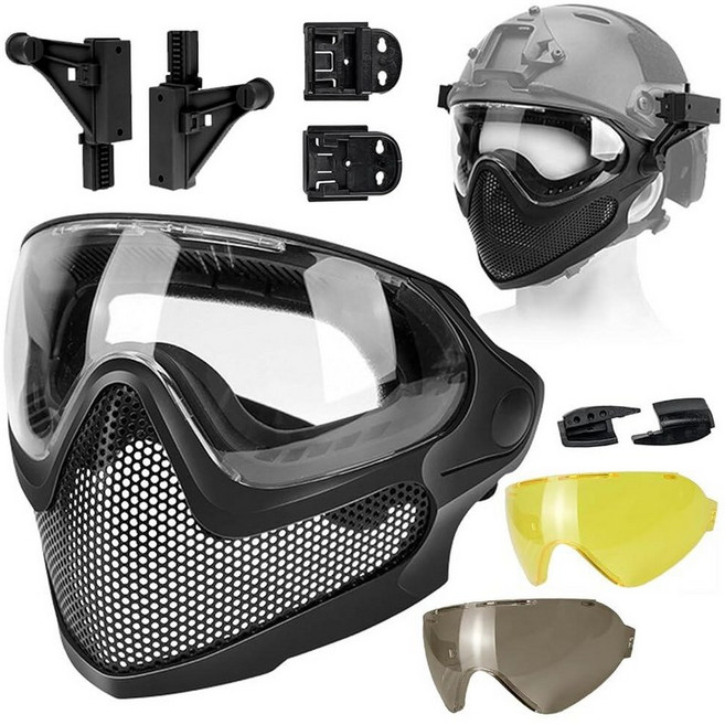HANSTRONG GEAR Tactical Airsoft Pilot 강력한 보호 풀 페이스 마스크 듀얼 모드 고글 시스템 교체 가능한 렌즈 3개 포함 어댑터가 있는 패스트, 블랙
