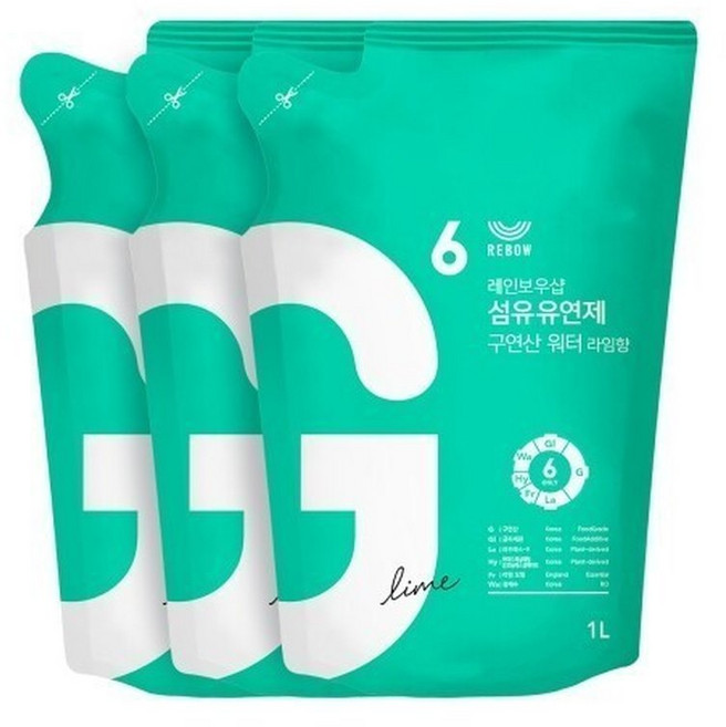 레인보우샵 섬유유연제 구연산 워터 1L 리필 x3 라임향, 3개