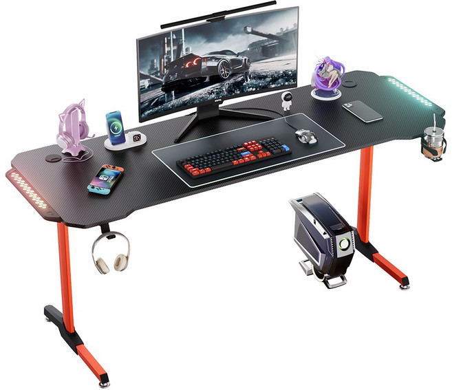 컴퓨터책상 LED RGB 게이밍 책상 올인원 학생용 사무용, 암염 블랙
