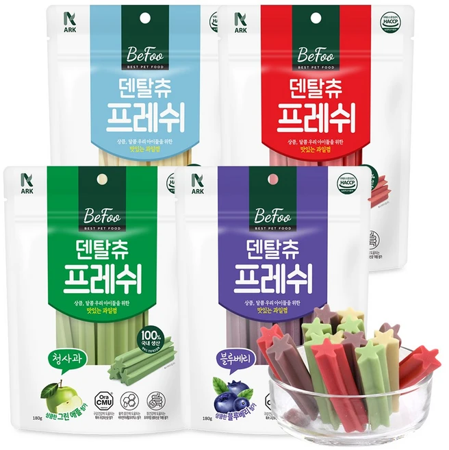 베푸 덴탈츄 프레쉬 스틱 강아지 애견껌, 4개, 180g, 혼합맛(블루베리/딸기/청사과/밀크치즈) - 쿠팡