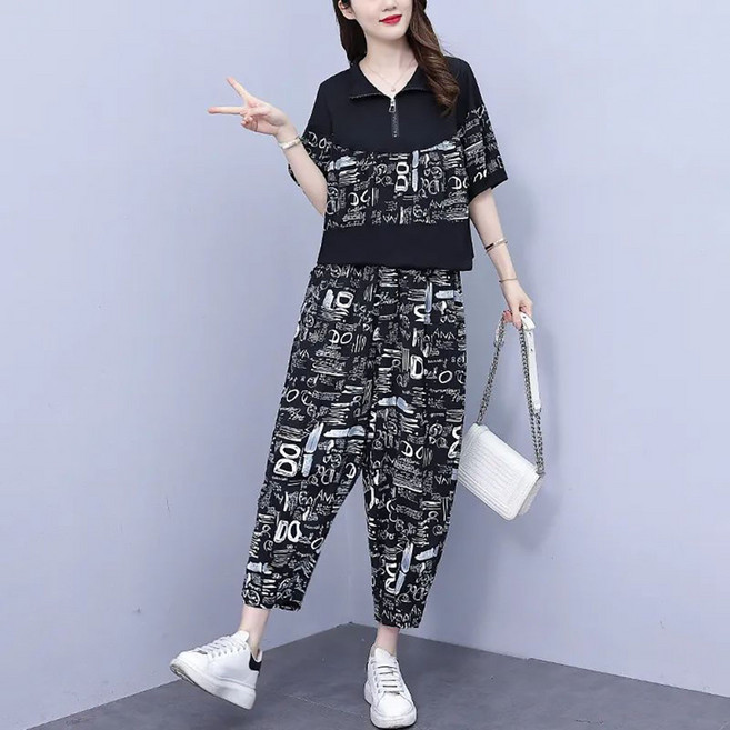 지고다그 여성 반팔 집업 상하의 세트 여름 빅사이즈 프린트 조거팬츠 캐주얼 트레이닝복 YZH72610