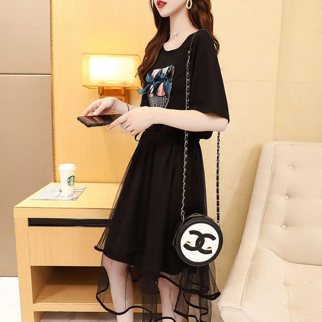 網紗拼接假兩件T恤裙女長款寬鬆顯瘦收腰連衣裙, 黑色,2XL 【建議80.0-90.0公斤】, 黑色