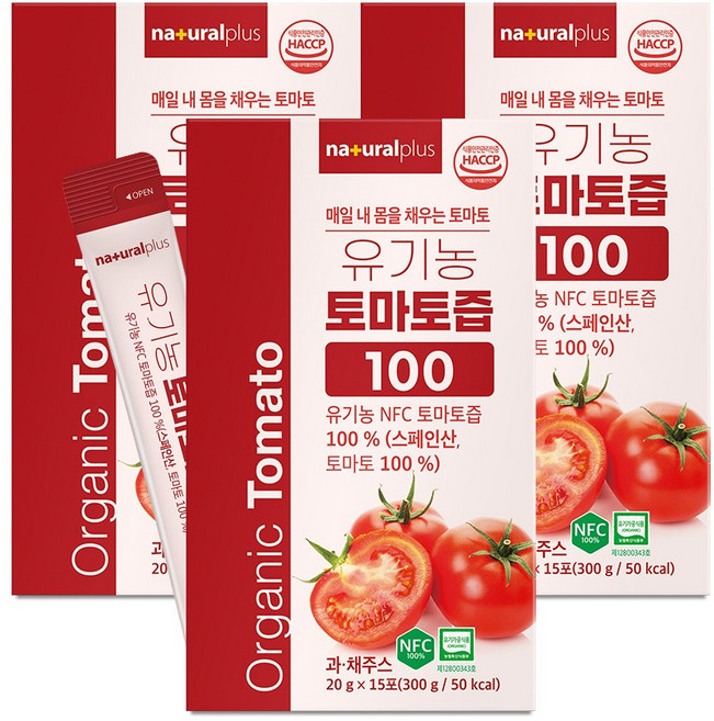[박스당 15포] 내츄럴플러스 유기농 토마토즙 100 / 라이코펜 스페인 완숙 토마토 무설탕 과일즙, 3박스, 300g
