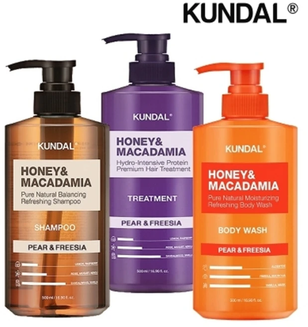 쿤달 허니앤마카다미아 페어앤프리지아 샴푸+트리트먼트+바디워시 500ml 세트, 1세트, 3개입 - 쿠팡