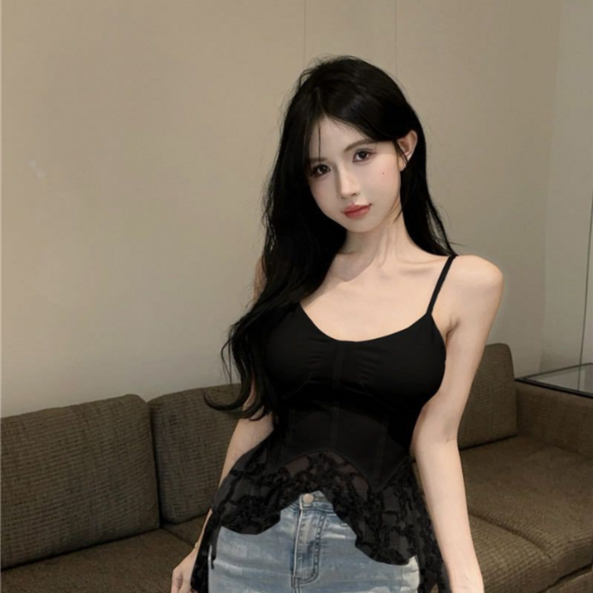 아르바니 레이스 플레어 코르셋 슬림탑 2color 티셔츠 레이스 캡내장 크롭 슬리브리스 쉬폰 프릴