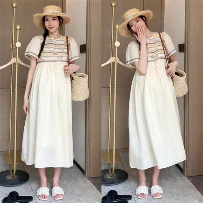 임산부 미디 원피스 캐주얼 롱 원피스 편안한 면 소재 여성 데일리 스타일 JS